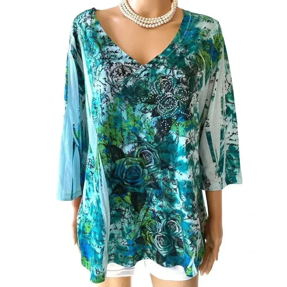 Lane Bryant Floral Print Gemstones V Neck Beach Summer Artsy Top Womens 18/20